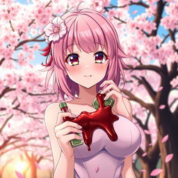 anime character with pink sakura-themed hair and captivating eyes, holding a bottle of BBQ sauce spilling over her elegant, voluptuous chest