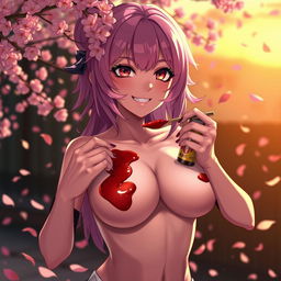 anime-inspired fantasy scene featuring a sultry character with pink sakura-themed hair, captivating eyes, and a mischievous smile, gently applying BBQ sauce artistically over her voluptuous, bare chest