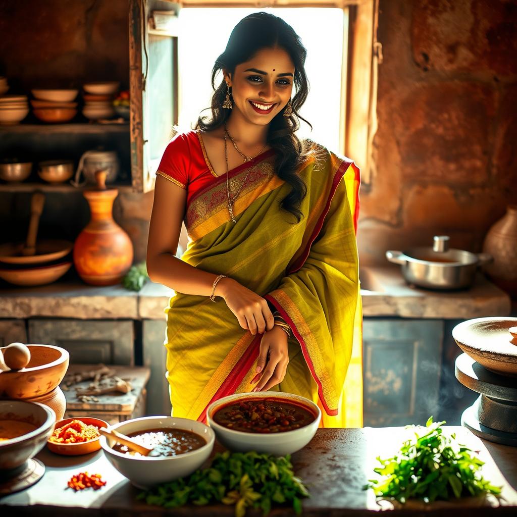 A South Indian woman resembling Anushka Shetty, wearing a traditional saree, gracefully preparing chutney in a rustic kitchen