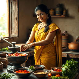 A South Indian woman resembling Anushka Shetty, wearing a traditional saree, gracefully preparing chutney in a rustic kitchen