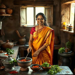 A South Indian woman resembling Anushka Shetty, wearing a traditional saree, gracefully preparing chutney in a rustic kitchen