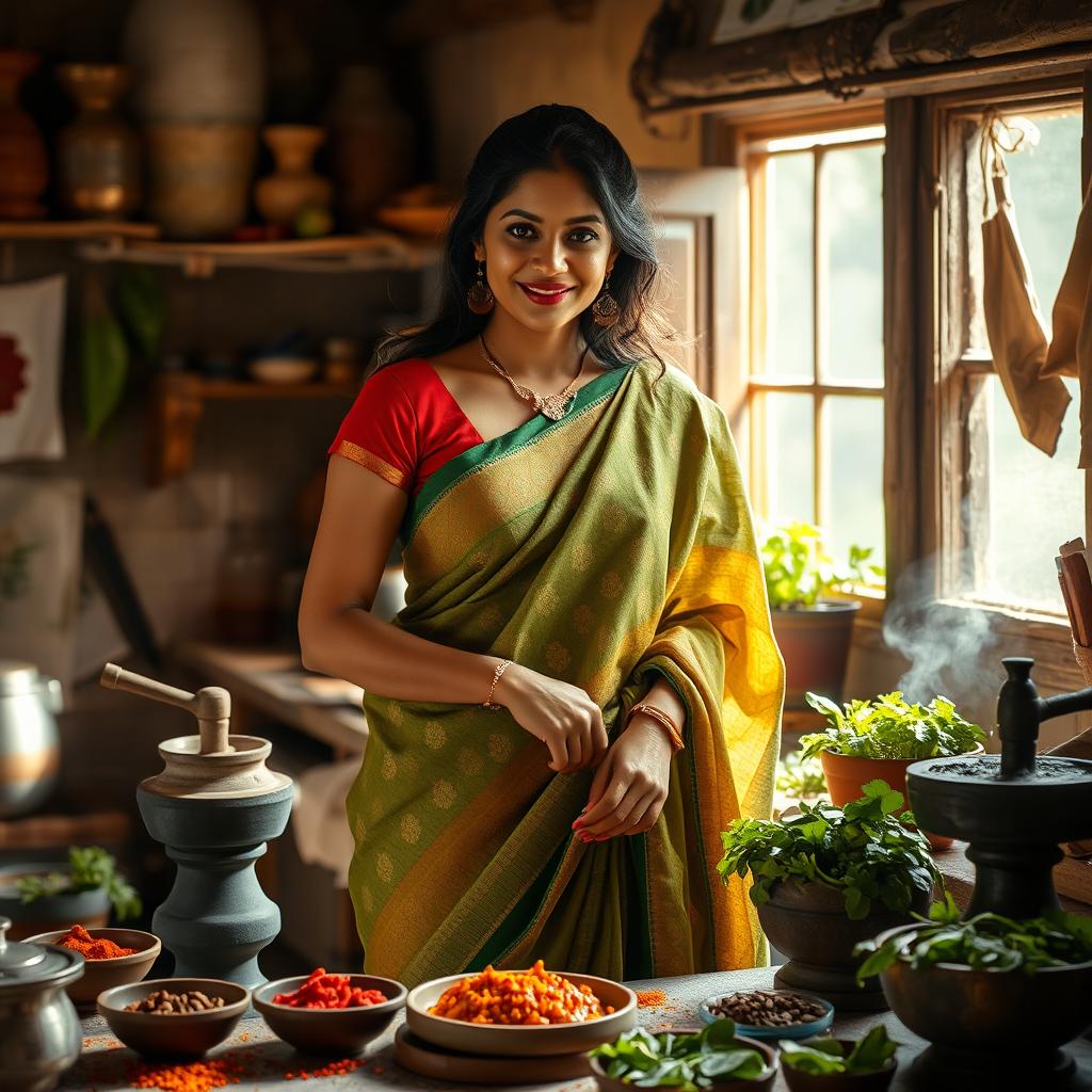 A South Indian woman resembling Anushka Shetty, wearing a traditional saree, gracefully preparing chutney in a rustic kitchen