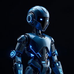 A detailed and futuristic blue robot standing against a deep black background