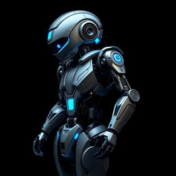 A detailed and futuristic blue robot standing against a deep black background