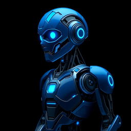 A detailed and futuristic blue robot standing against a deep black background