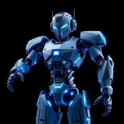 A detailed and futuristic blue robot standing against a deep black background