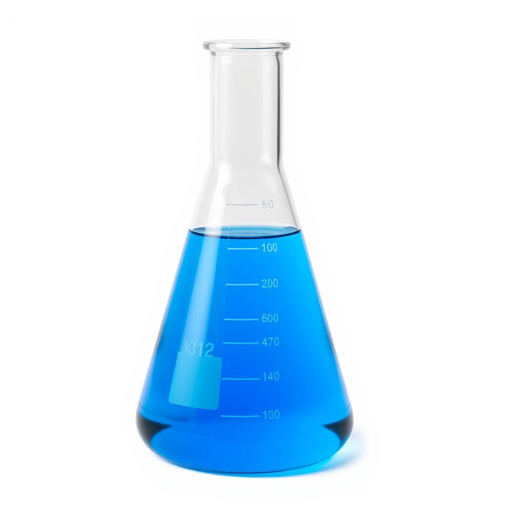 A volumetric flask filled with a vibrant blue liquid, placed on a white background