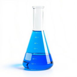 A volumetric flask filled with a vibrant blue liquid, placed on a white background