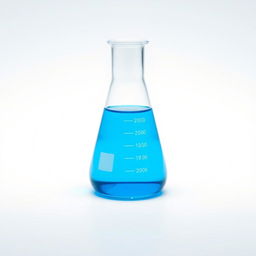 A volumetric flask filled with a vibrant blue liquid, placed on a white background