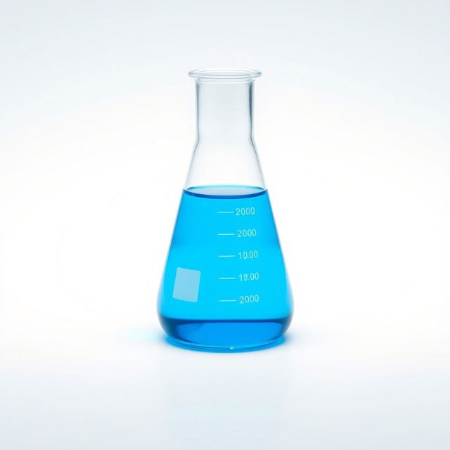 A volumetric flask filled with a vibrant blue liquid, placed on a white background