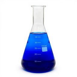 A volumetric flask filled with a vibrant blue liquid, placed on a white background