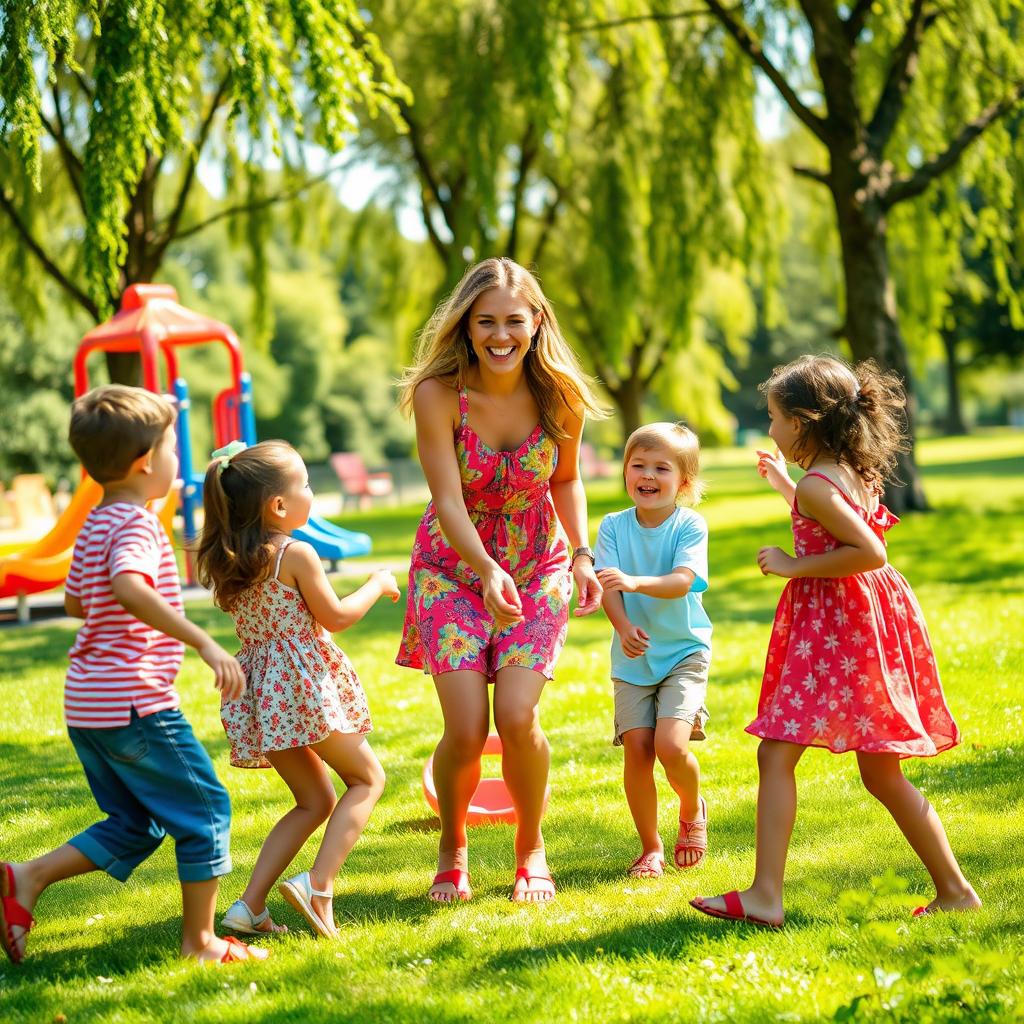 A joyful scene in a sunny park featuring a woman in a vibrant summer dress, playfully interacting with a group of children