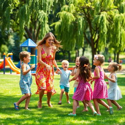 A joyful scene in a sunny park featuring a woman in a vibrant summer dress, playfully interacting with a group of children