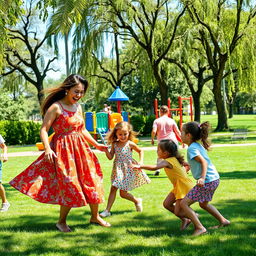 A joyful scene in a sunny park featuring a woman in a vibrant summer dress, playfully interacting with a group of children