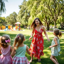 A joyful scene in a sunny park featuring a woman in a vibrant summer dress, playfully interacting with a group of children