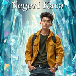 Cover art for a novel titled 'Negeri Kaca', featuring the protagonist, a young man, standing in a world made entirely of glass