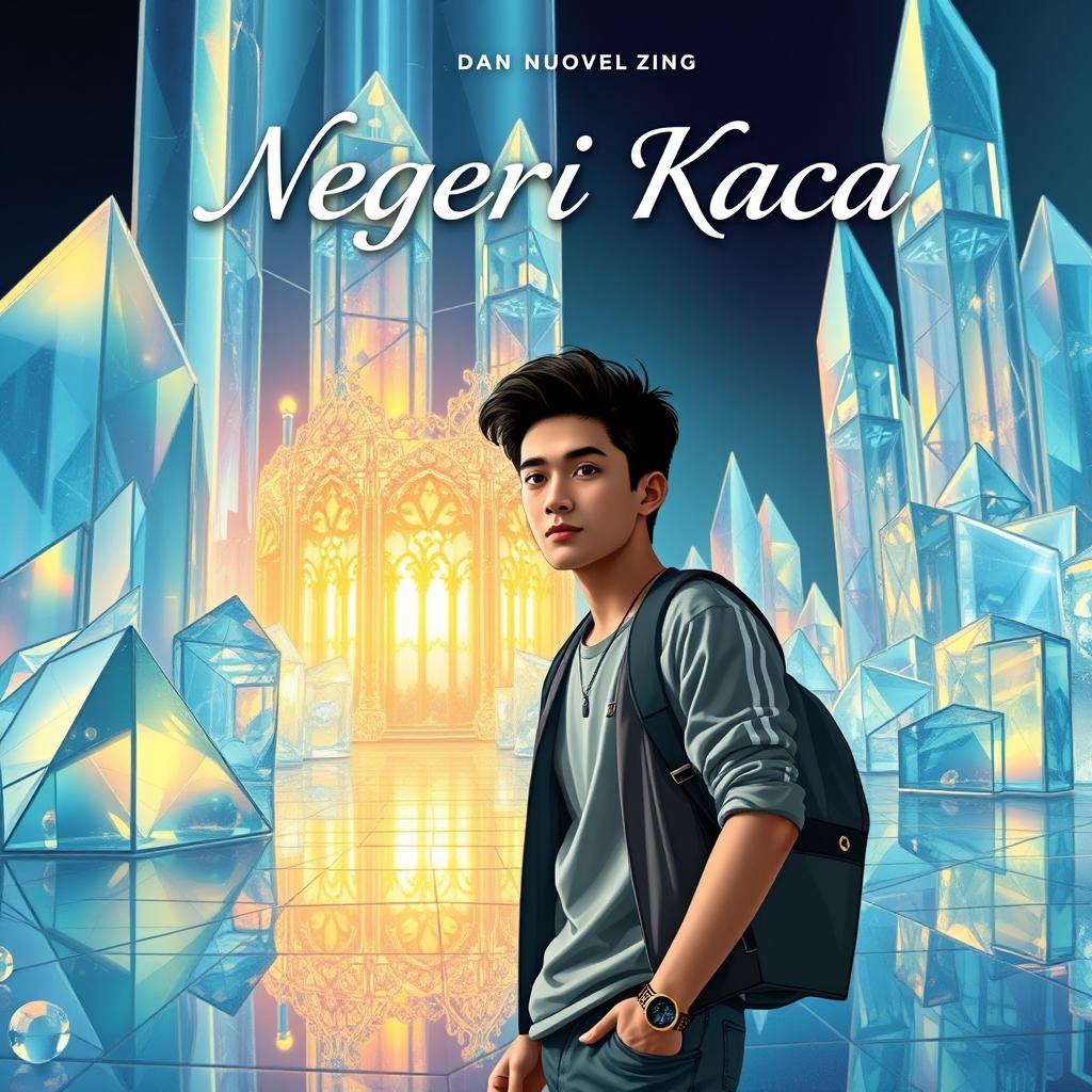 Cover art for a novel titled 'Negeri Kaca', featuring the protagonist, a young man, standing in a world made entirely of glass