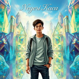 Cover art for a novel titled 'Negeri Kaca', featuring the protagonist, a young man, standing in a world made entirely of glass