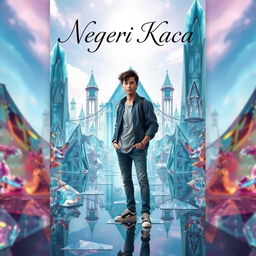 Cover art for a novel titled 'Negeri Kaca', featuring the protagonist, a young man, standing in a world made entirely of glass