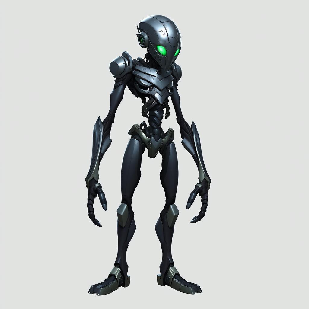 A slim warforged character with sleek, metallic features and glowing green eyes that exude a sense of enigmatic power