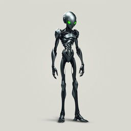 A slim warforged character with sleek, metallic features and glowing green eyes that exude a sense of enigmatic power