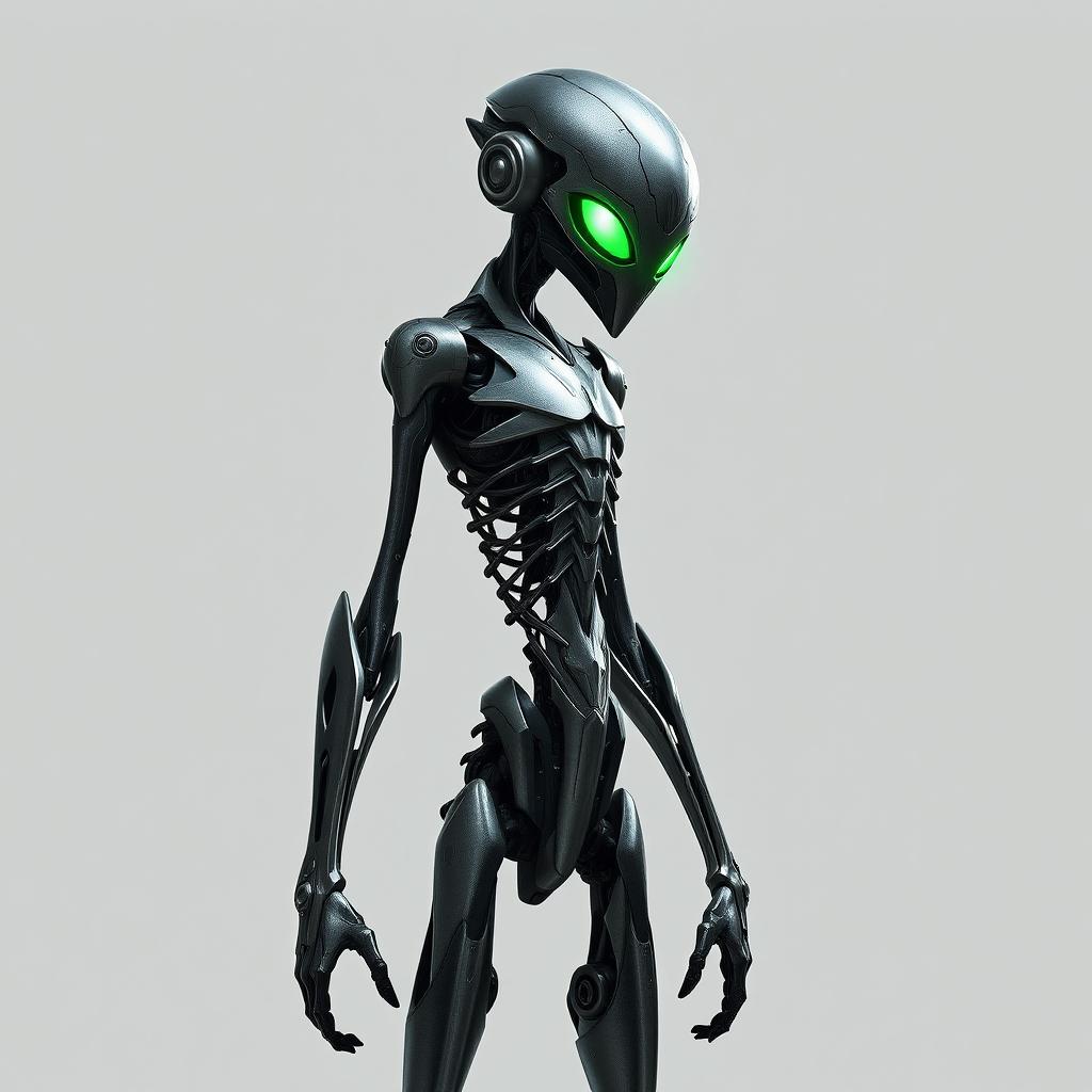 A slim warforged character with sleek, metallic features and glowing green eyes that exude a sense of enigmatic power