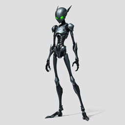 A slim warforged character with sleek, metallic features and glowing green eyes that exude a sense of enigmatic power