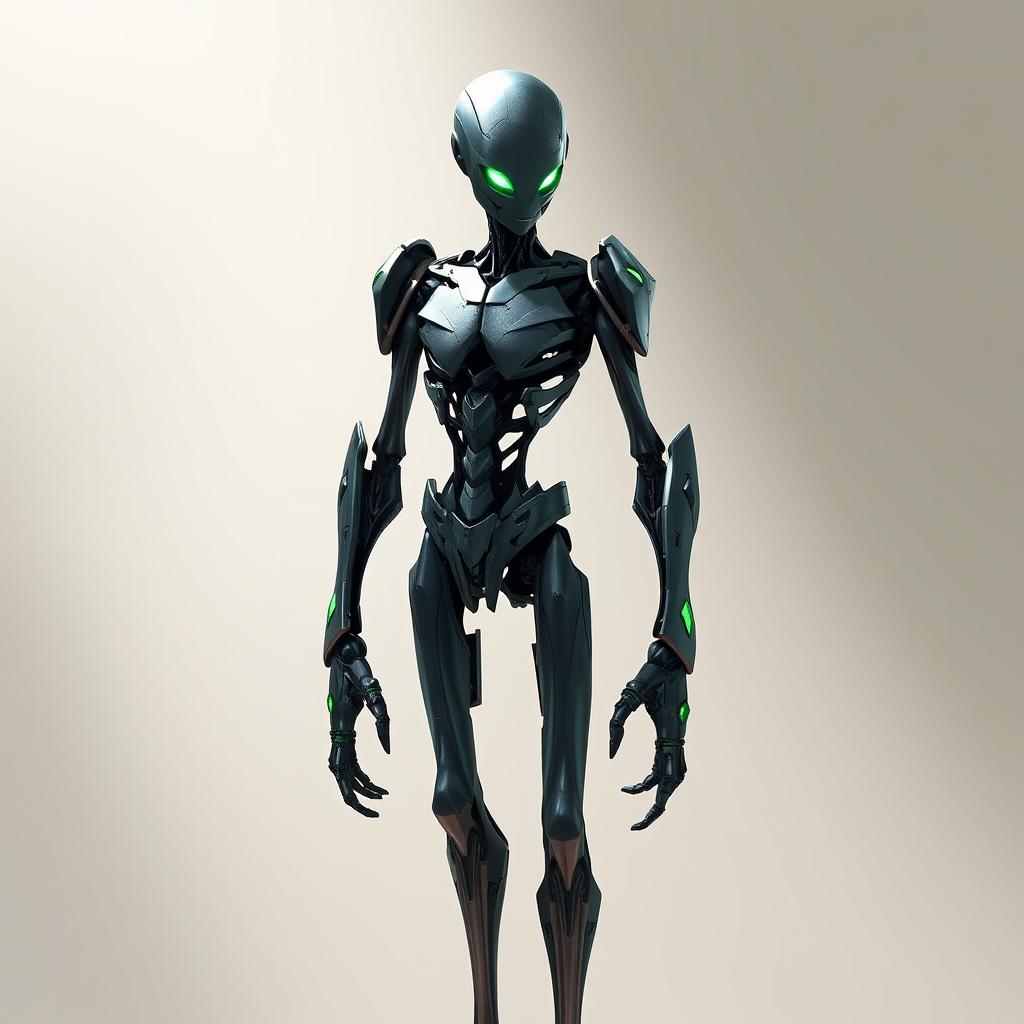 A slim warforged character with sleek, metallic features and glowing green eyes that exude a sense of enigmatic power