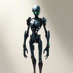 A slim warforged character with sleek, metallic features and glowing green eyes that exude a sense of enigmatic power