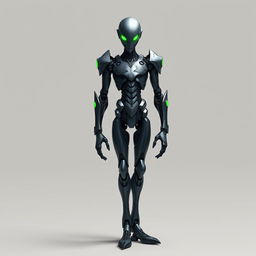 A slim warforged character with sleek, metallic features and glowing green eyes that exude a sense of enigmatic power