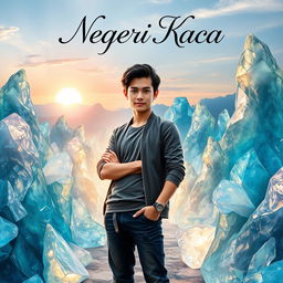 Cover of a novel titled 'Negeri Kaca' featuring the main character, a young man, standing confidently amidst a stunning landscape of translucent glass mountains