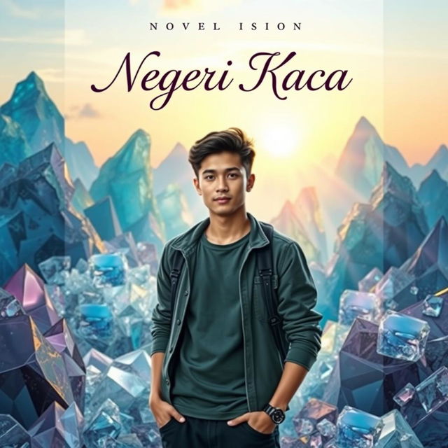 Cover of a novel titled 'Negeri Kaca' featuring the main character, a young man, standing confidently amidst a stunning landscape of translucent glass mountains