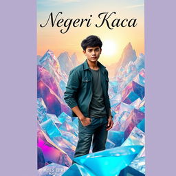 Cover of a novel titled 'Negeri Kaca' featuring the main character, a young man, standing confidently amidst a stunning landscape of translucent glass mountains