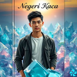 Cover of a novel titled 'Negeri Kaca' featuring the main character, a young man, standing confidently amidst a stunning landscape of translucent glass mountains