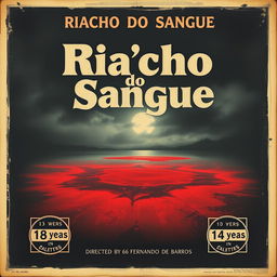 A vintage movie poster for the 1966 film "Riacho do Sangue" directed by Fernando de Barros, featuring a central image of a lake of blood under a dark, ominous sky