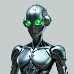 A warforged character with human-like proportions, featuring sleek metallic features and glowing green eyes that project a mystical allure