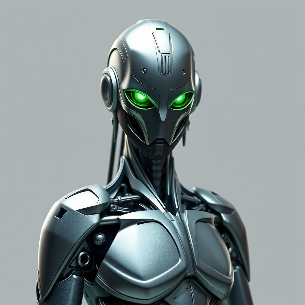 A warforged character with human-like proportions, featuring sleek metallic features and glowing green eyes that project a mystical allure