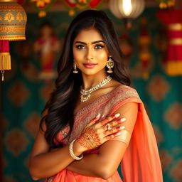 A stunning Tamil woman with an alluring presence, wearing a chic mini dress