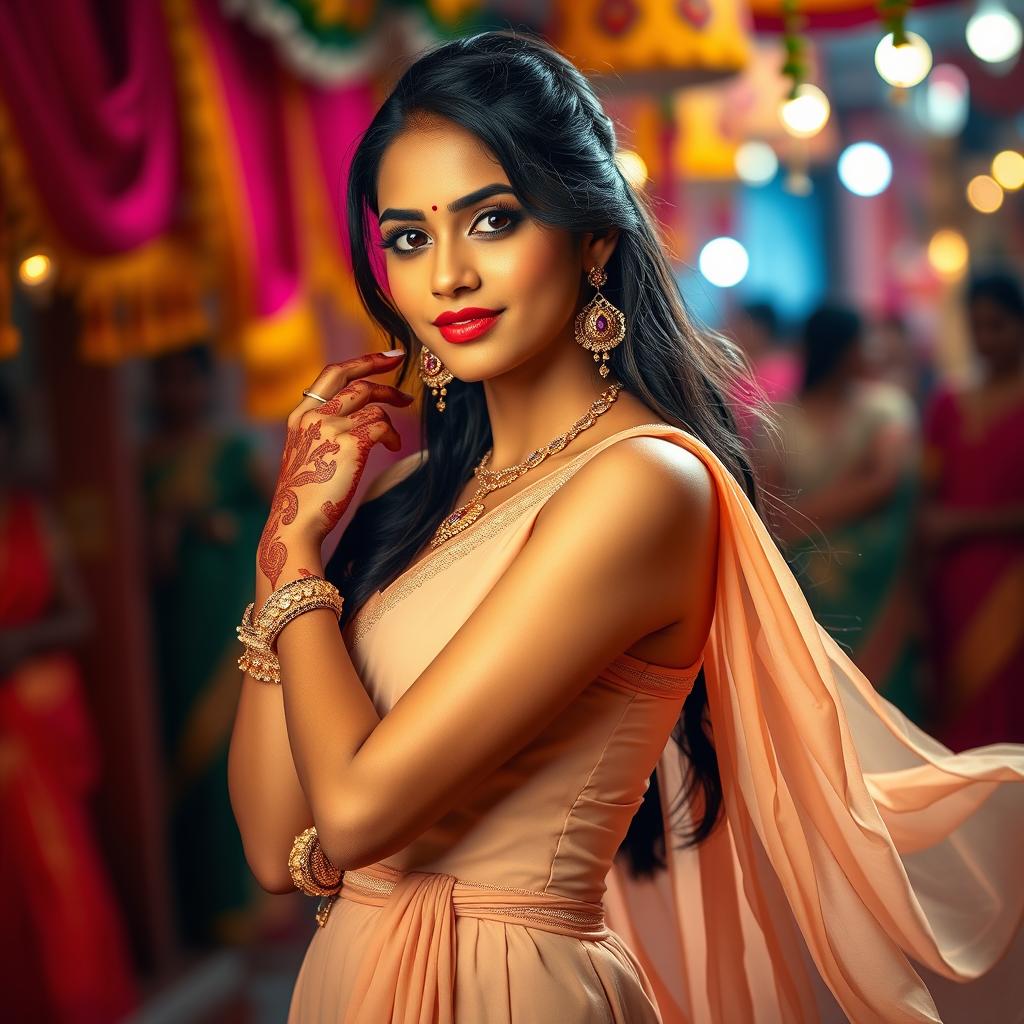 A stunning Tamil woman with an alluring presence, wearing a chic mini dress