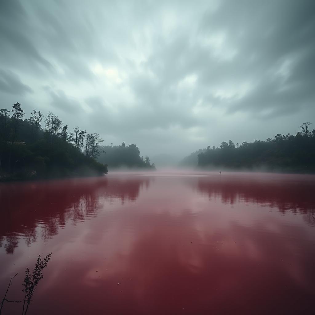 Uma imagem sombria de uma lagoa de sangue em meio a um cenário desolado e misterioso