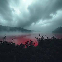 Uma imagem sombria de uma lagoa de sangue em meio a um cenário desolado e misterioso