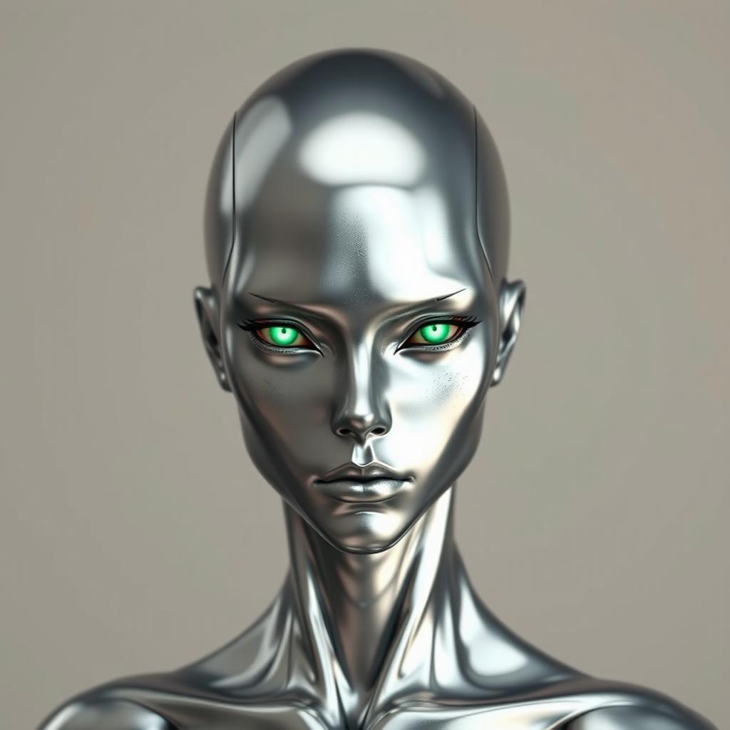 A human figure with sleek, metallic skin that reflects light in a mesmerizing way, combined with glowing green eyes that radiate a mystical charm