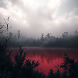 Uma imagem sombria de uma lagoa de sangue em meio a um cenário desolado e misterioso