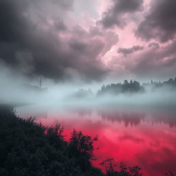 Uma imagem sombria de uma lagoa de sangue em meio a um cenário desolado e misterioso