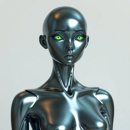 A human figure with sleek, metallic skin that reflects light in a mesmerizing way, combined with glowing green eyes that radiate a mystical charm