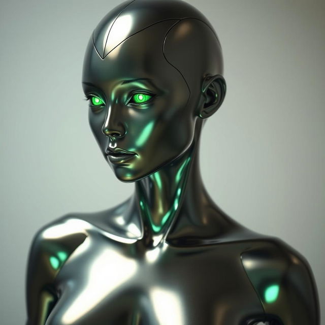 A human figure with sleek, metallic skin that reflects light in a mesmerizing way, combined with glowing green eyes that radiate a mystical charm