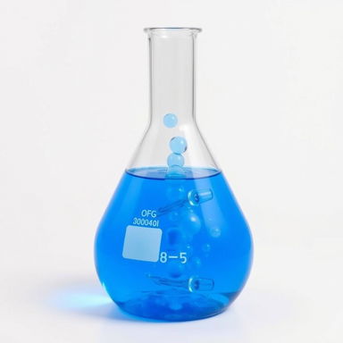 A three-neck round bottom flask filled with a vibrant blue liquid, bubbling energetically within
