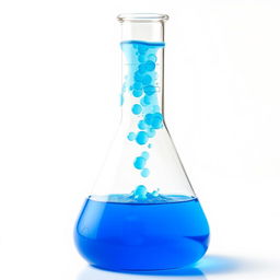 A three-neck round bottom flask filled with a vibrant blue liquid, bubbling energetically within