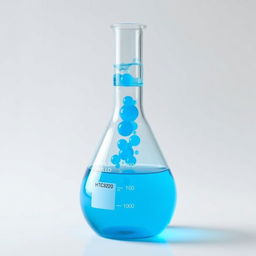 A three-neck round bottom flask filled with a vibrant blue liquid, bubbling energetically within