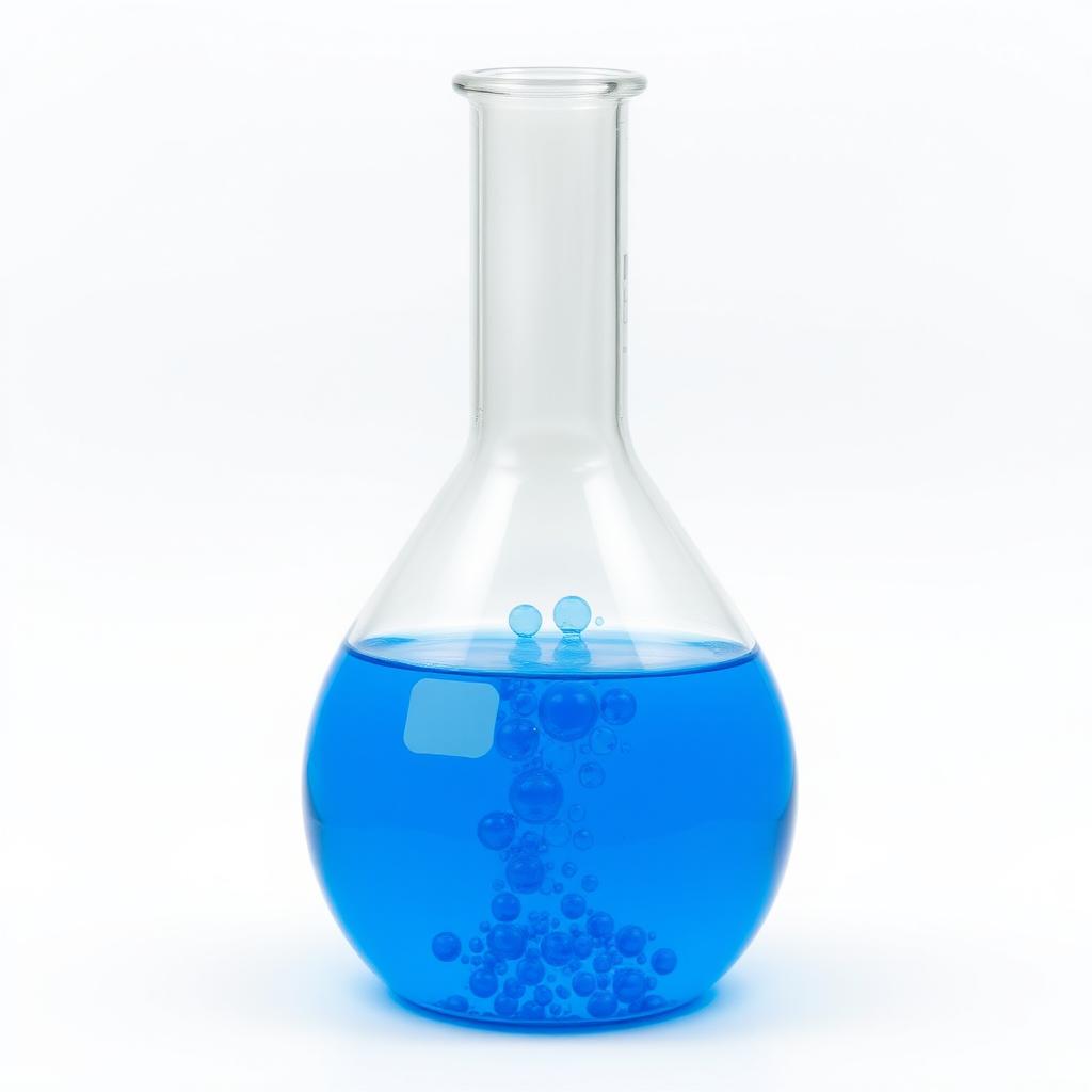 A three-neck round bottom flask filled with a vibrant blue liquid, bubbling energetically within